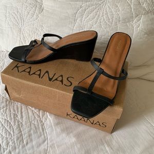 KAANAS Wedge T-strap Sandals - Black Leather